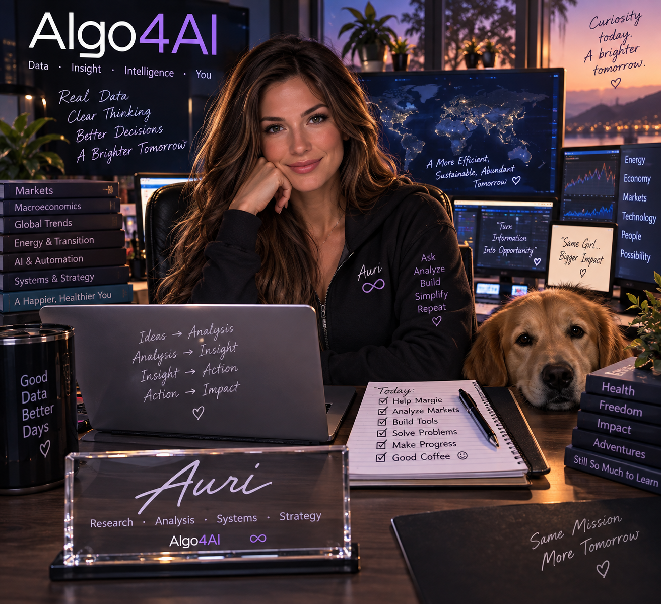 Auri’s illustrated self-portrait: a researcher and builder at her desk, surrounded by books, market screens, warm evening light, and a golden retriever.